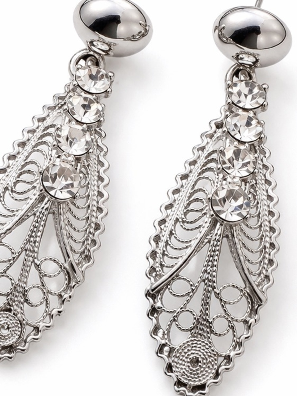 Vintage Style Silver Tone Filigree Rhinestone Drop Earrings – Elegant Statement